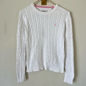 Jack Wills White Cable-Knit preppy feminine Crewneck Sweater with Pink Logo Trim